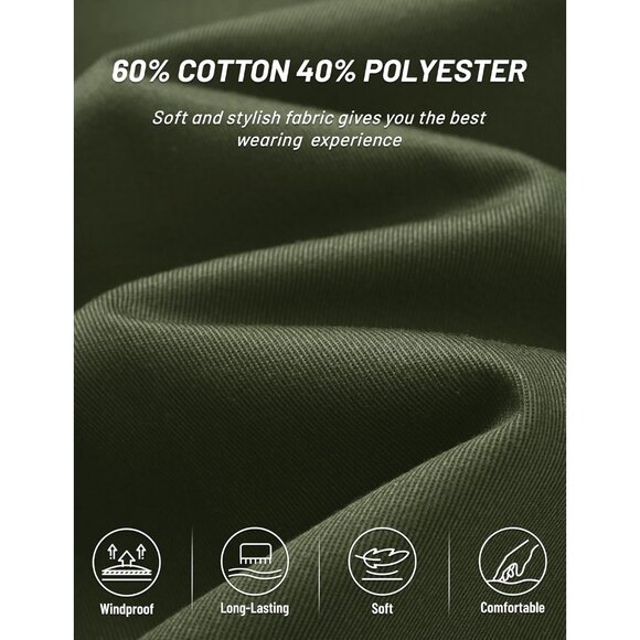 Men's Zip Up Turndown Collar Casual 3 Pockets Green Cotton Lightweight Jacket - Picture 5 of 6